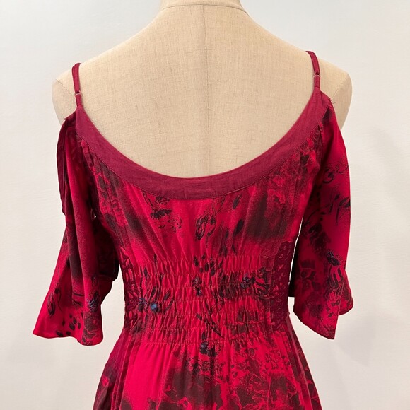 Free People Red Paint Splatter Mini Dress Cold Shoulder Embroidered Pleated 4 - Picture 9 of 10